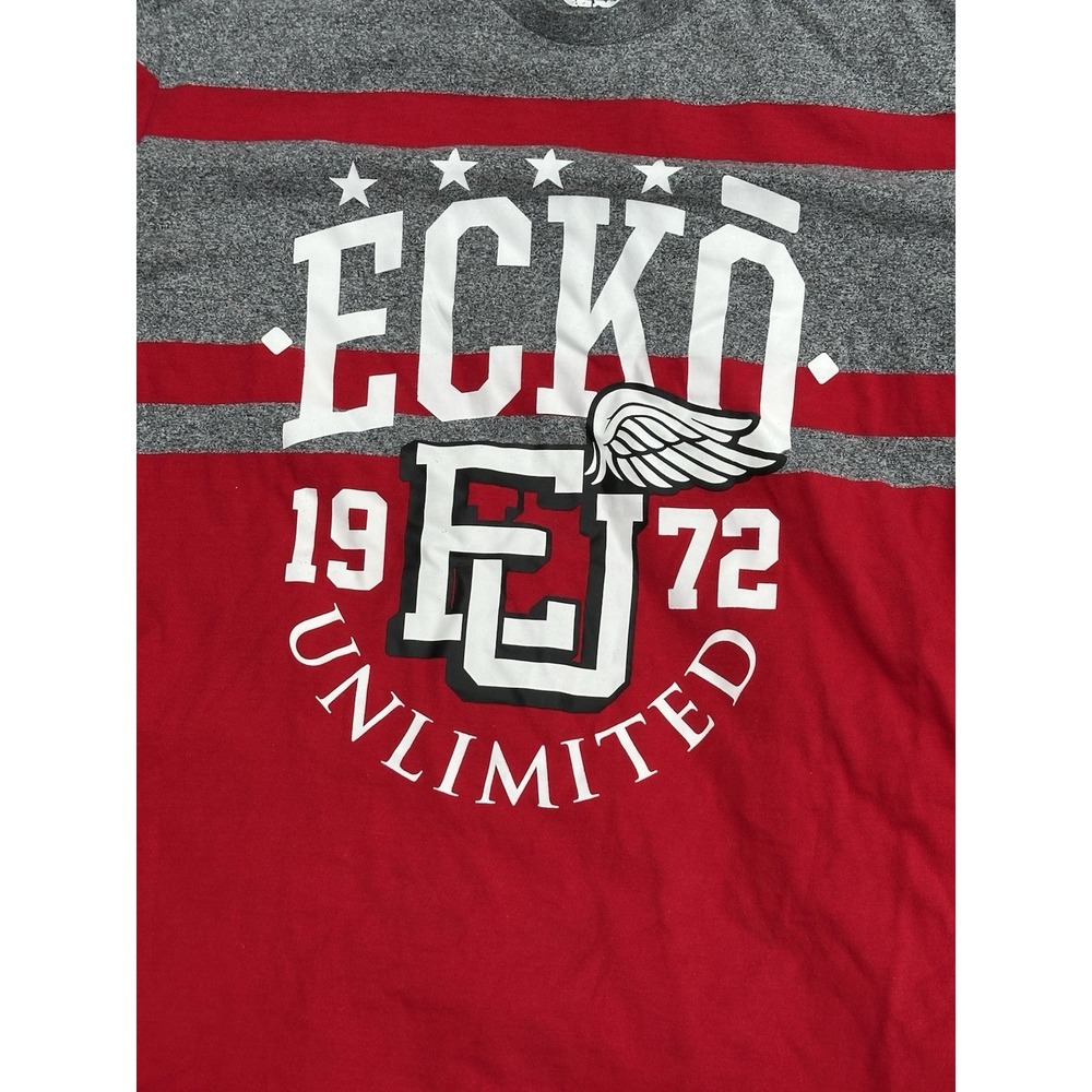Ecko Unltd Mens Graphic T-Shirt Red Gray Striped FU Logo Y2K Streetwear 1972 - Picture 2 of 13